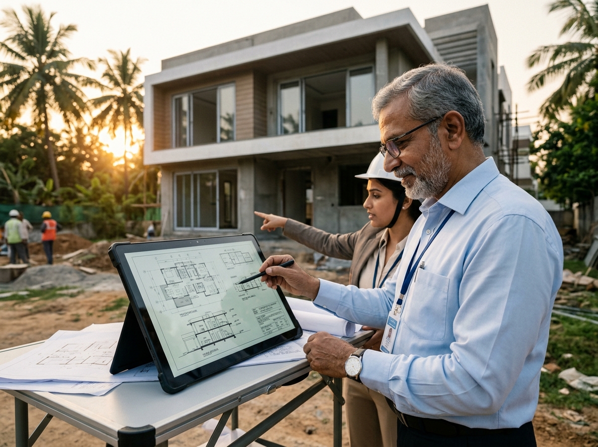 Biharibuilder civil engineer reviewing structural architectural blueprints